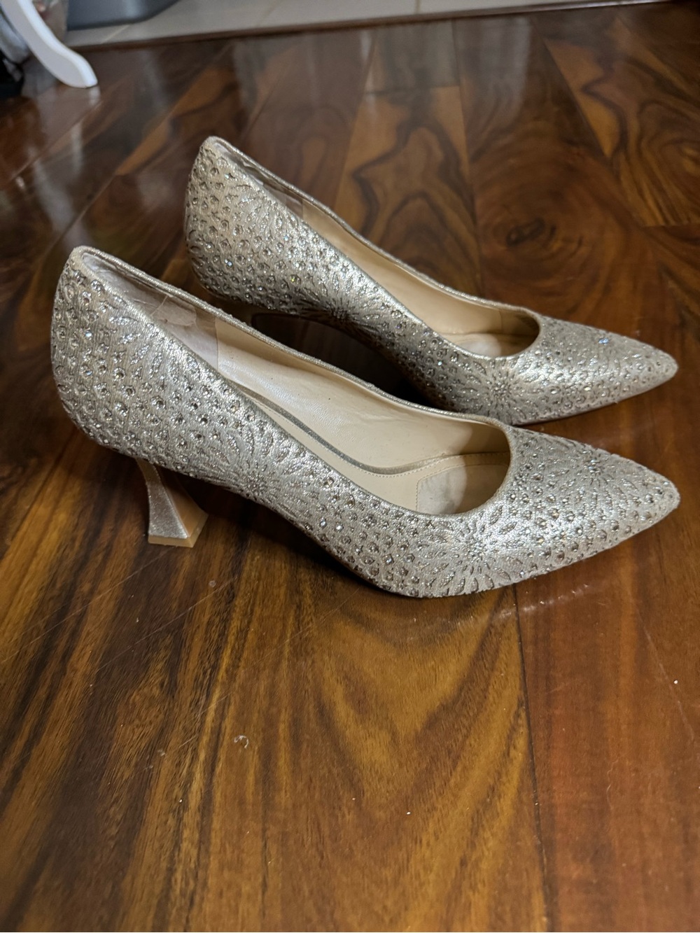 Alex Marie Gold Glitter Pointed Toe Pumps with Crystal Accents